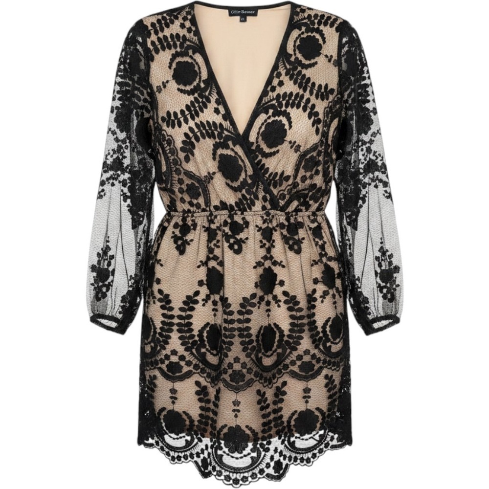 EillyBazar Womens‎ 2XL Black Floral Lace Wrap V-Neck Long Sleeve Cocktail Dress